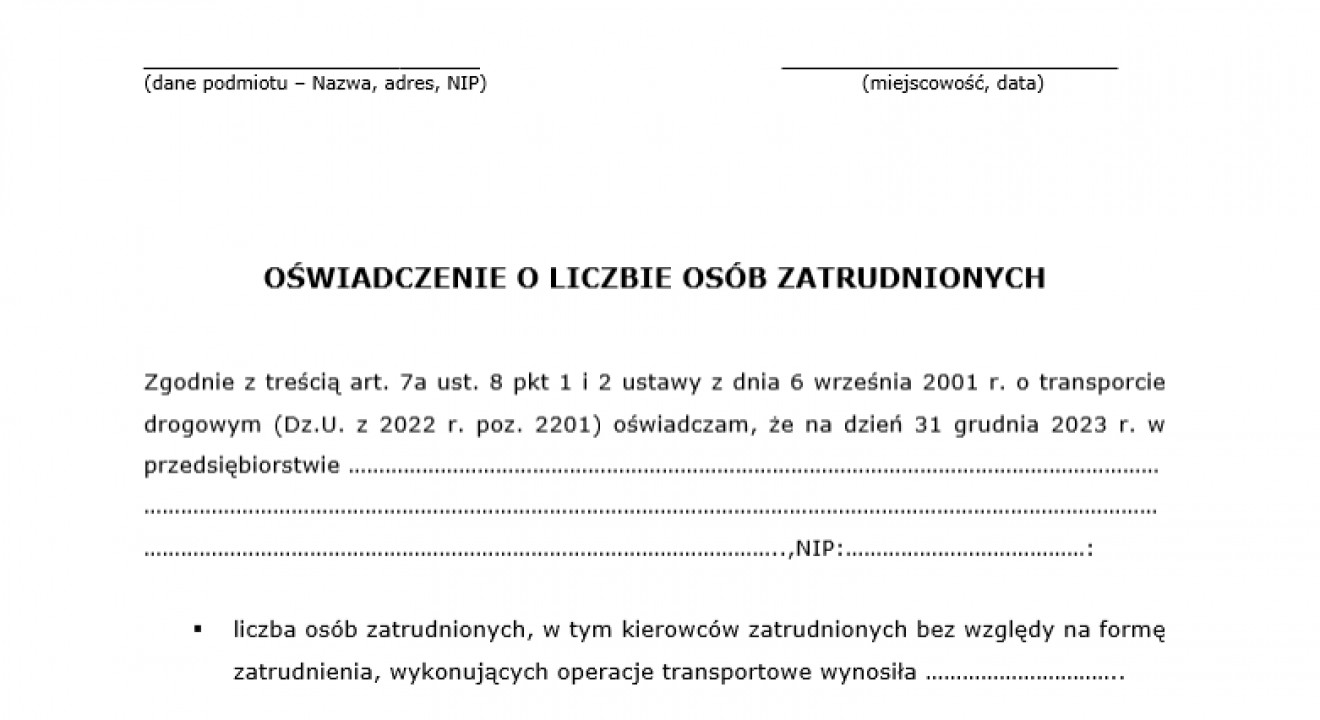 główne zdjęcie wydarzenia Oświadczenie o liczbie zatrudnionych w przedsiębiorstwie za rok 2023. 